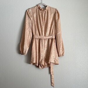 Main Strip Blush Peach Satin Romper with Ruffle Neck